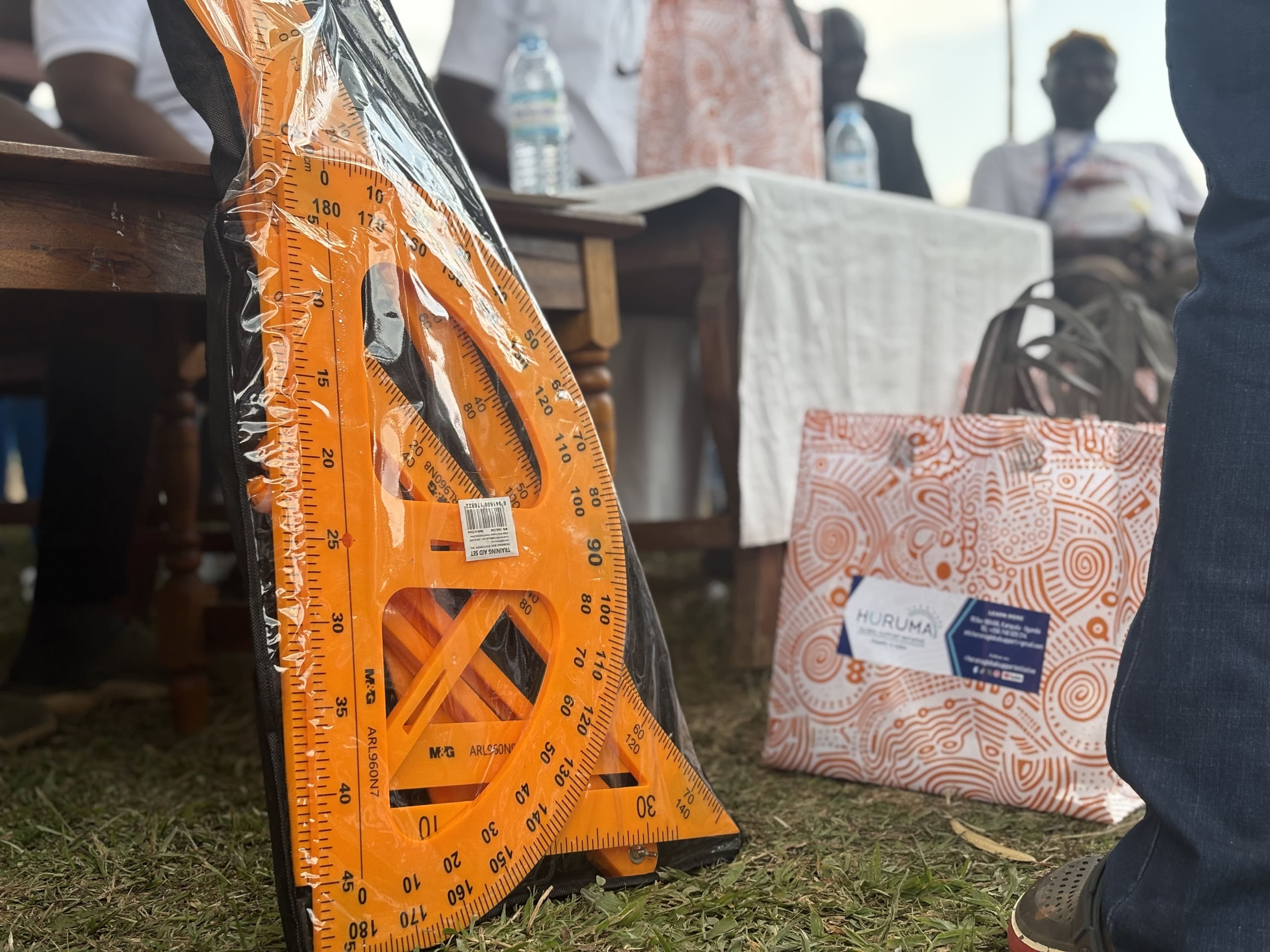 A geometry set and a Huruma gift bag ready to be handed to a pupil